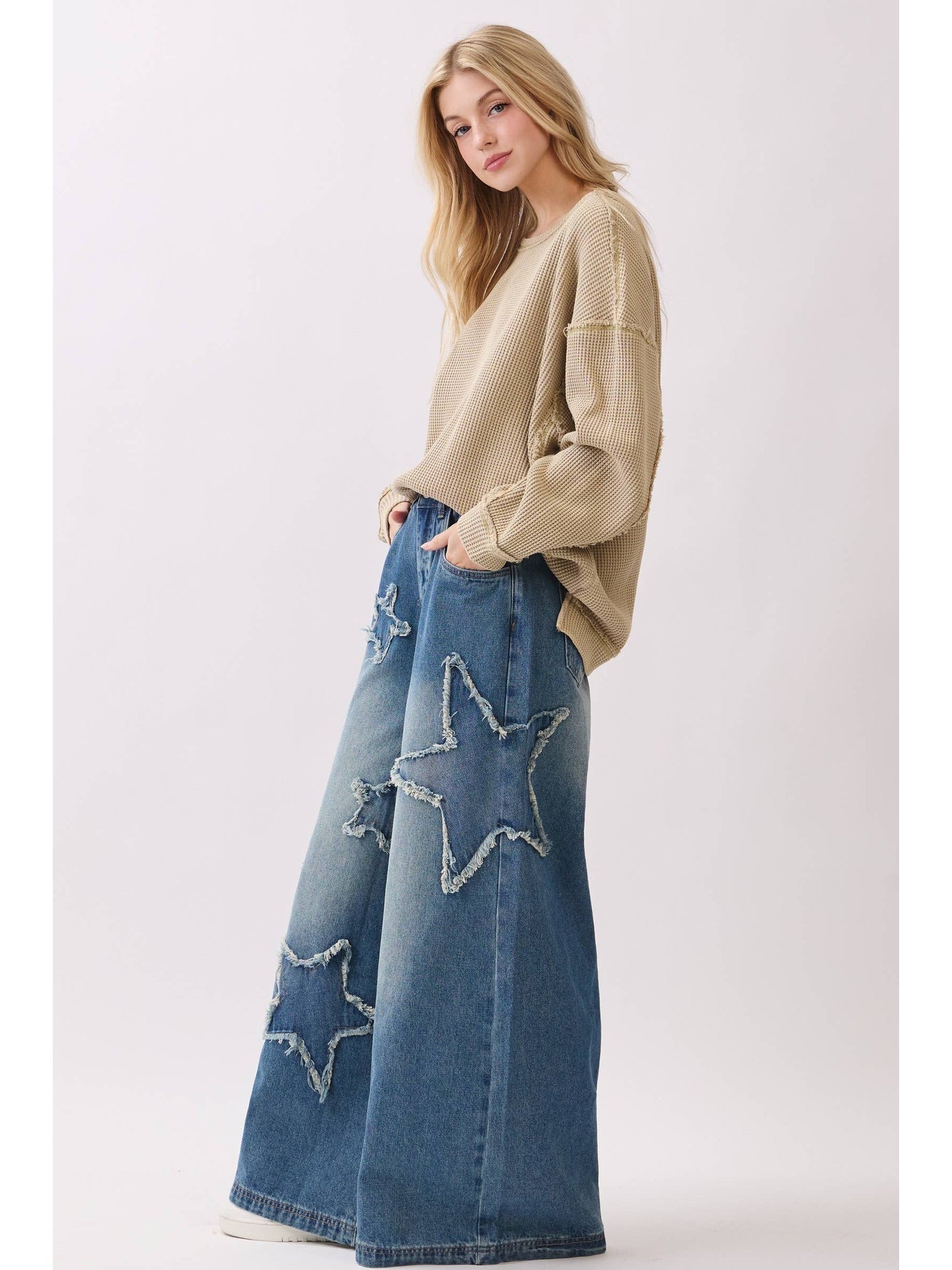 Star Patch Wide Leg Denim Jeans