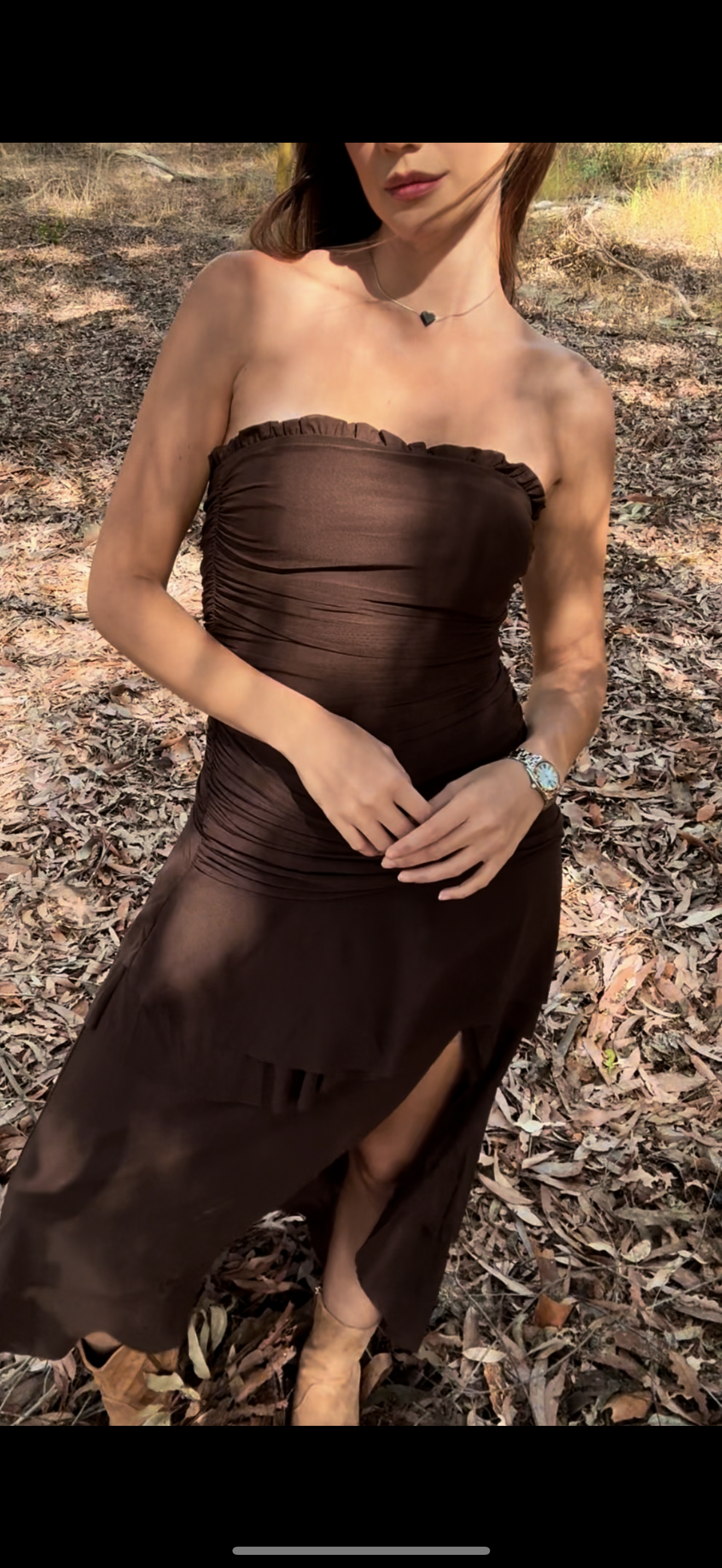 Knit mesh ruffle / Side knotted split chocolate dress