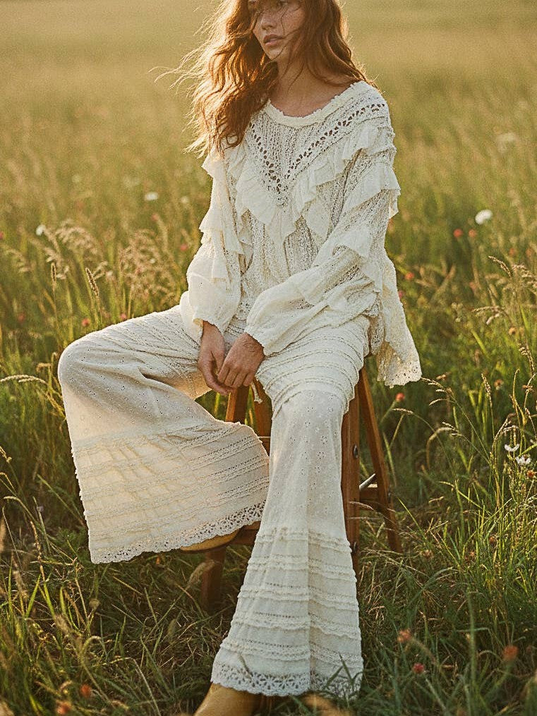 Eyelet Ruffle Raw Edge Trim Lace Solid Knit Top