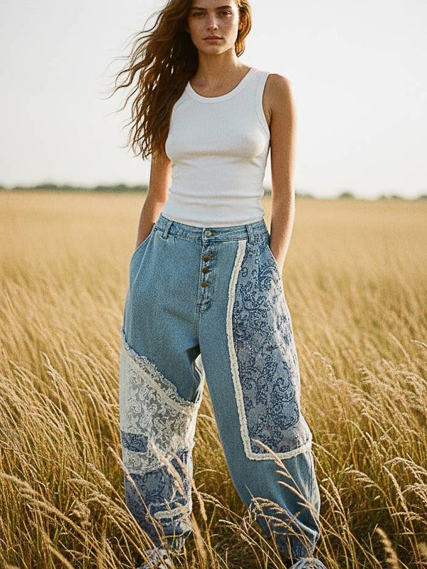 Button-Front Crochet Accent Ruffle Trim Jogger Pants