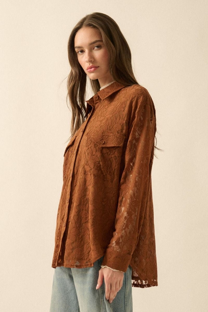Brown lace loose blouse with pockets