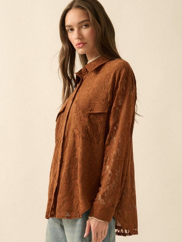 Brown lace loose blouse with pockets