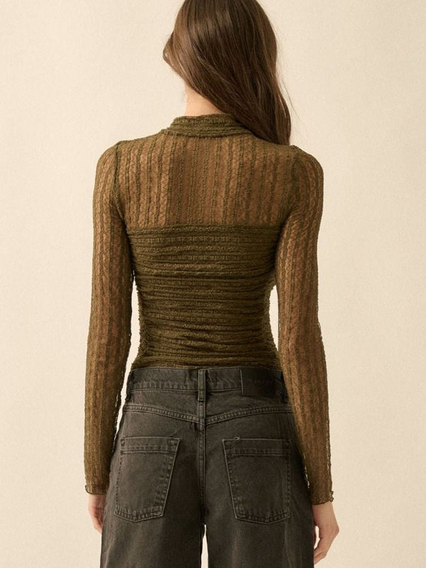 Turtle neck olive mesh bodysuit