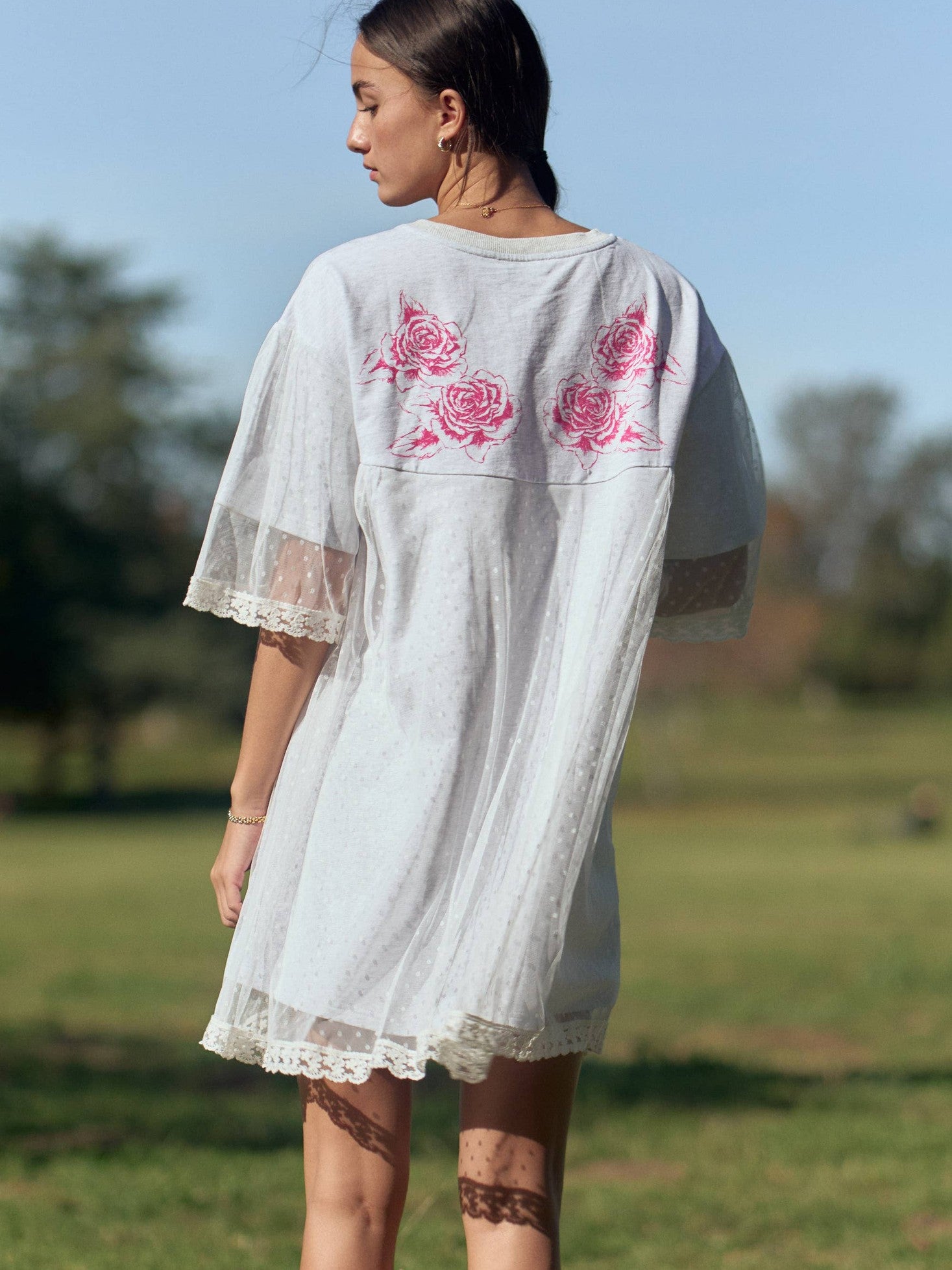 ANGEL PRINTED TERRY DOTTED MESH LAYERED DRESS