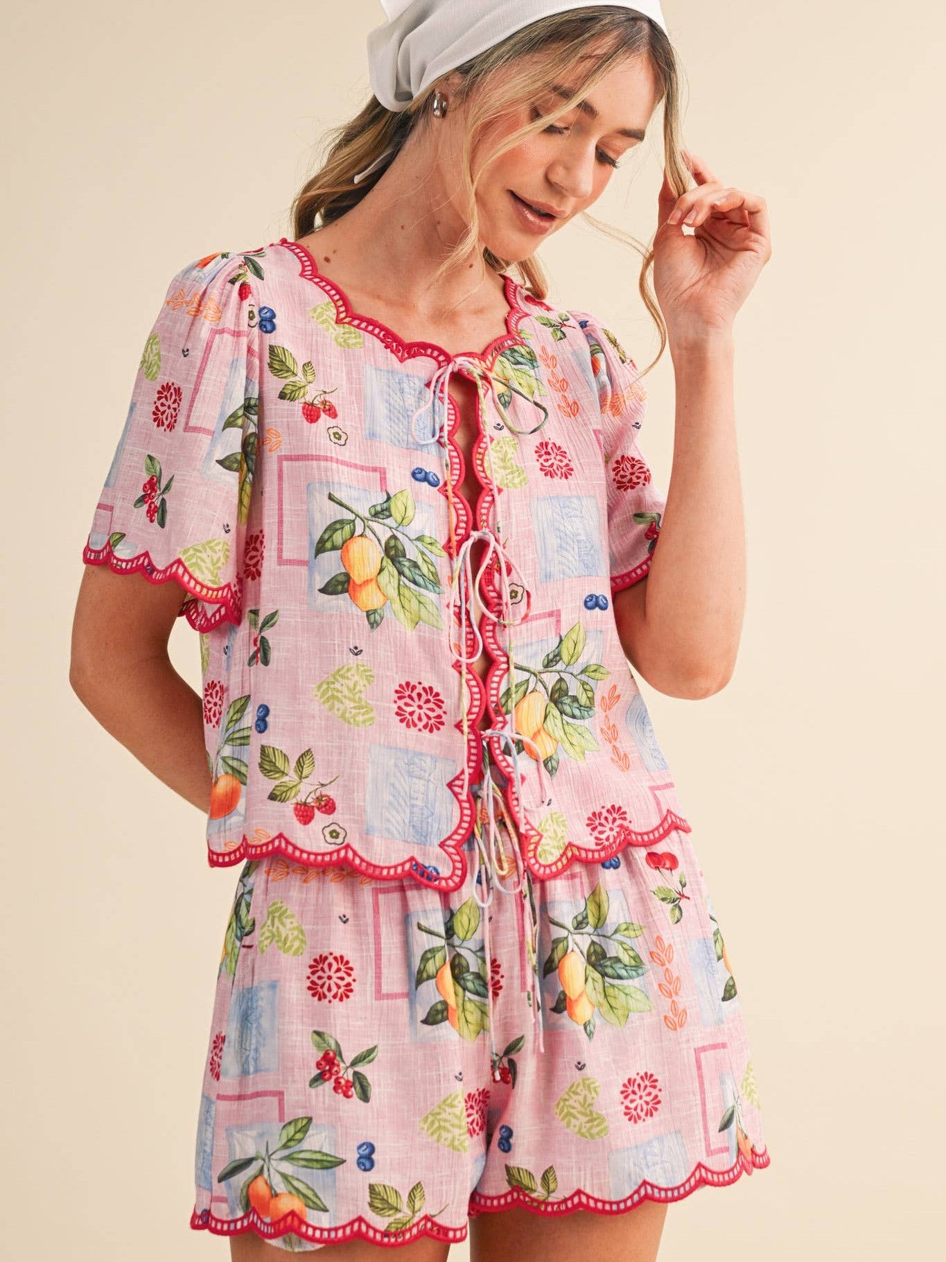 FRUIT PRINT EMBROIDERED SCALLOP TOP AND SHORTS SET