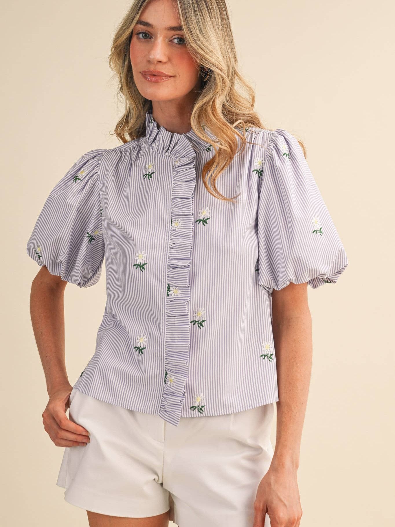 FLORAL EMBROIDERY STRIPED RUFFLED BUTTON DOWN TOP