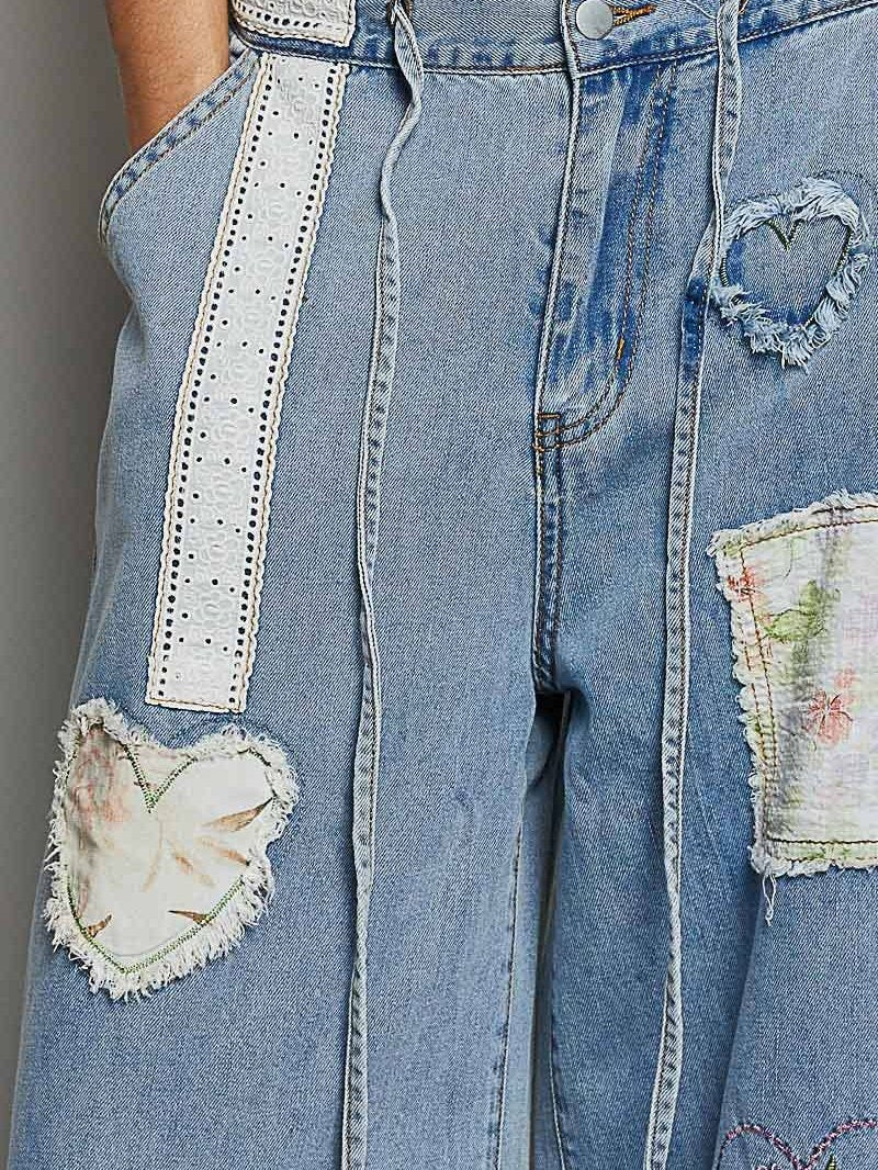Waist Elastic Band Heart Floral Print Patch Wide Denim Pants