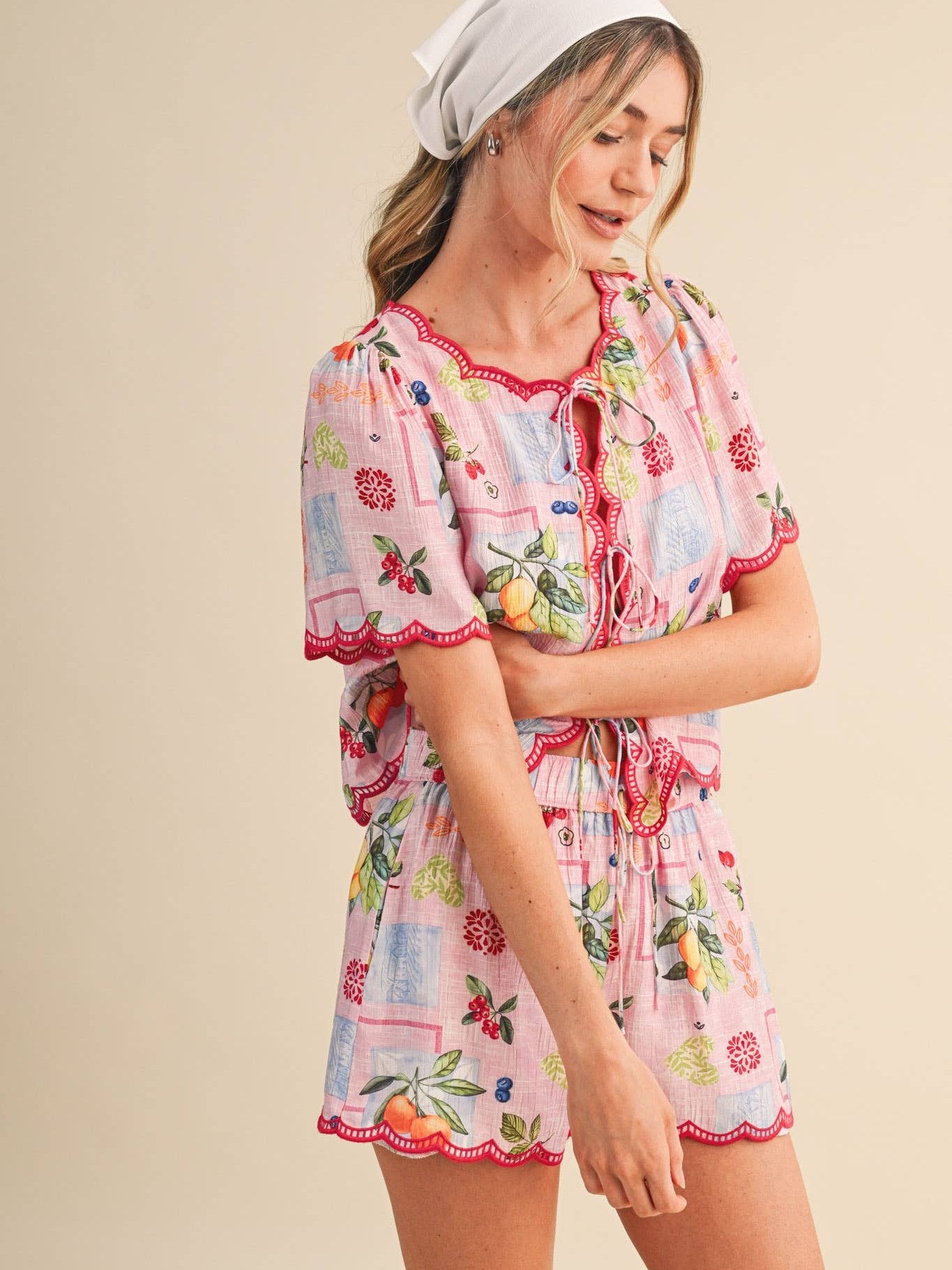 FRUIT PRINT EMBROIDERED SCALLOP TOP AND SHORTS SET