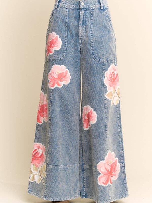 WASHED CORDUROY PRINTED VINTAGE FLOWER OPEN PANT
