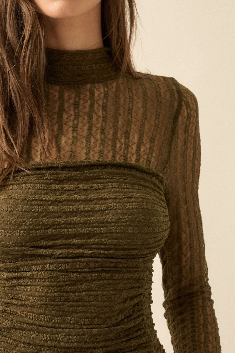Turtle neck olive mesh bodysuit