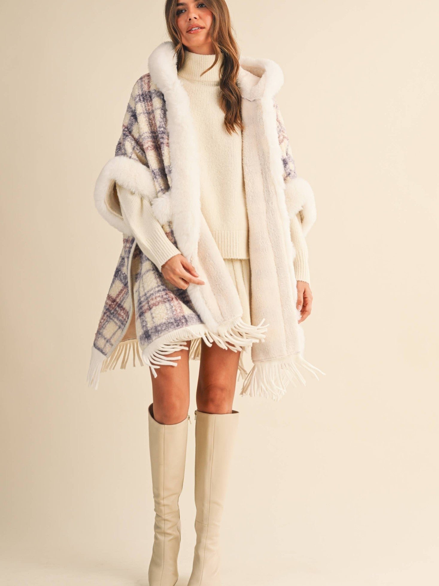 PLAID PRINTED FAUX FUR TRIM OVERSIZED CAPE COAT