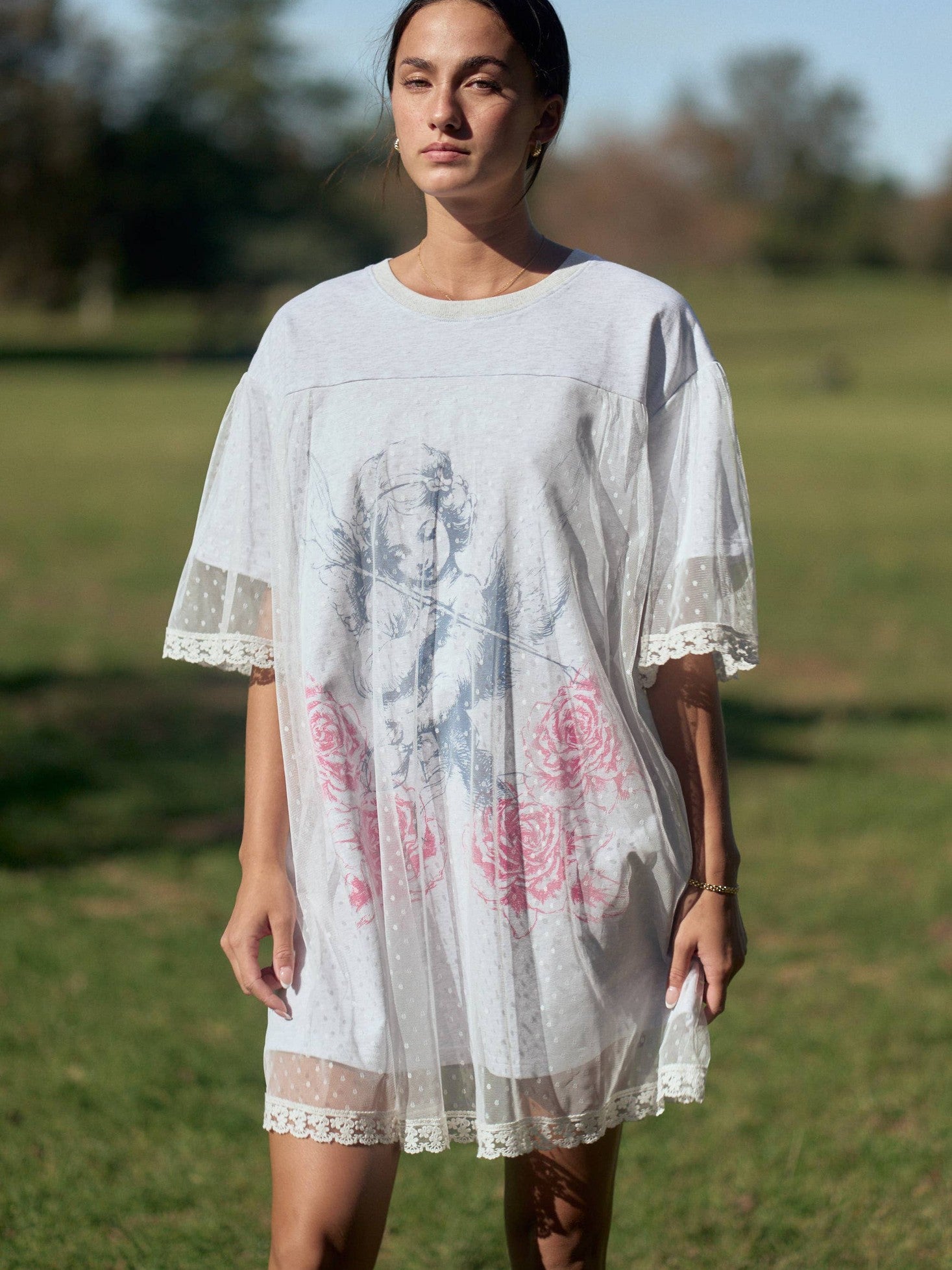 ANGEL PRINTED TERRY DOTTED MESH LAYERED DRESS