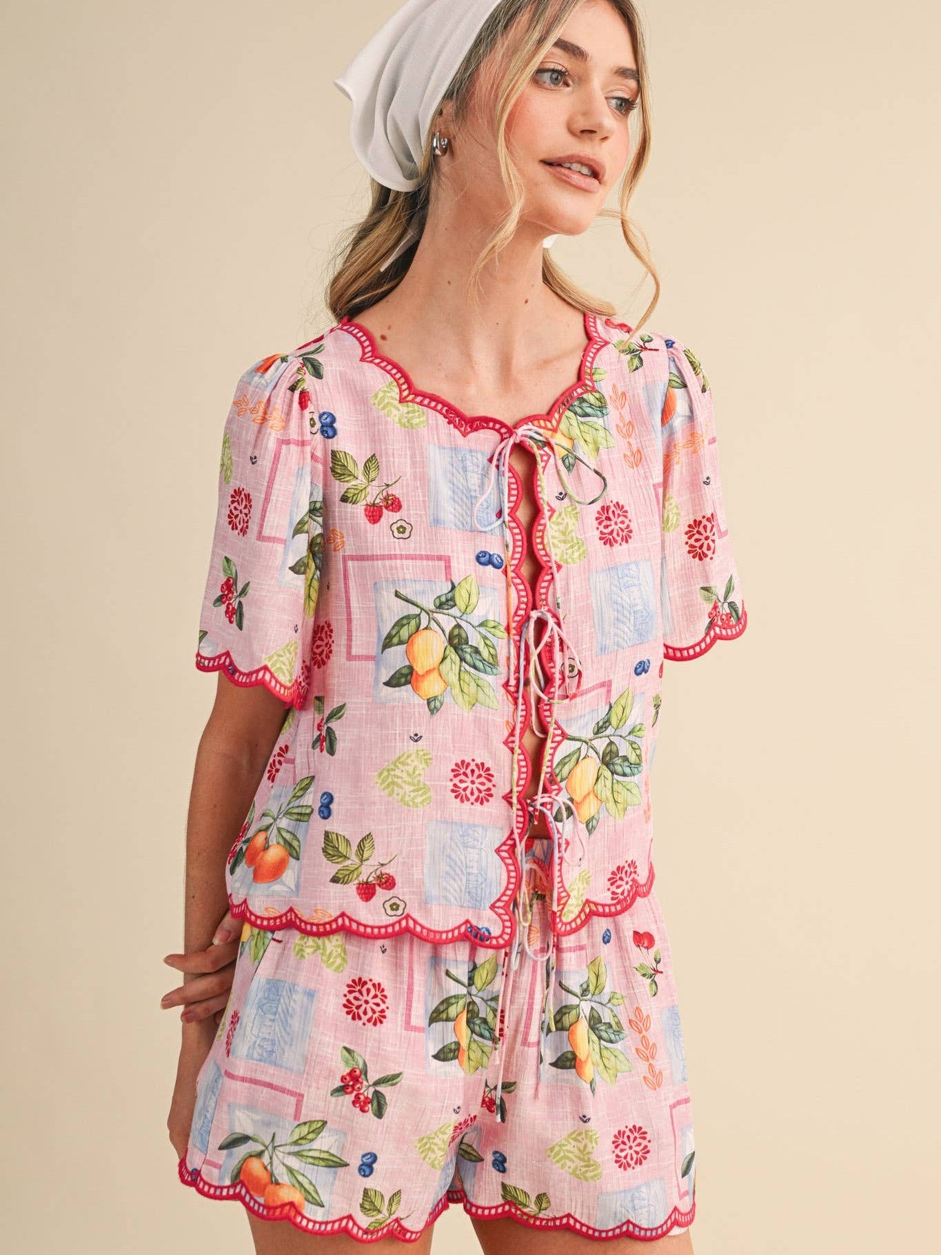 FRUIT PRINT EMBROIDERED SCALLOP TOP AND SHORTS SET