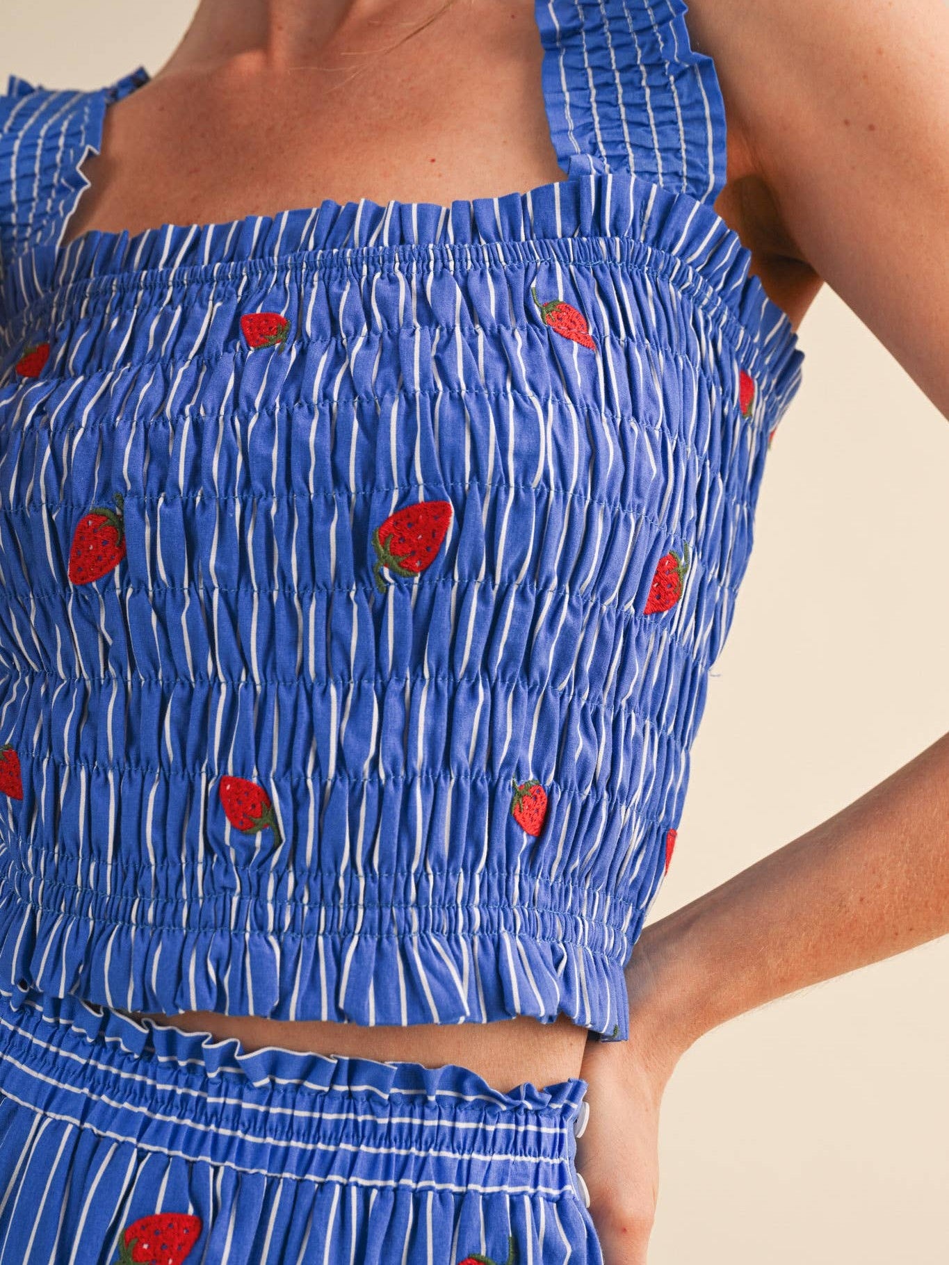 STRAWBERRY EMBROIDERY SMOCK TOP AND MIDI SKIRT SET