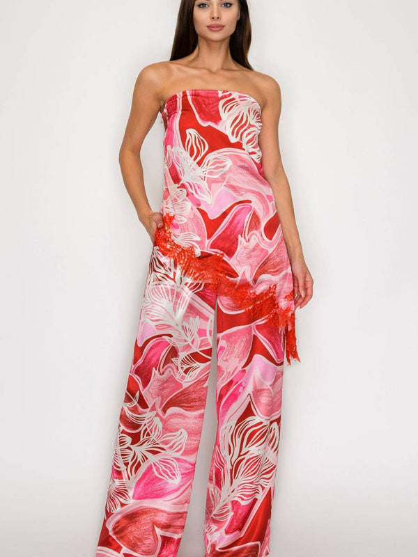 SET Strapless Printed Top with Lace & Wide-Leg Pants