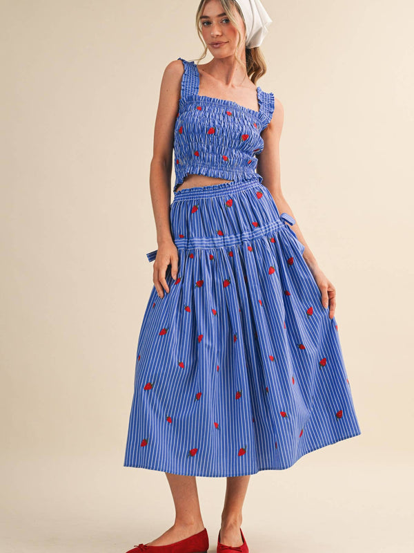 STRAWBERRY EMBROIDERY SMOCK TOP AND MIDI SKIRT SET