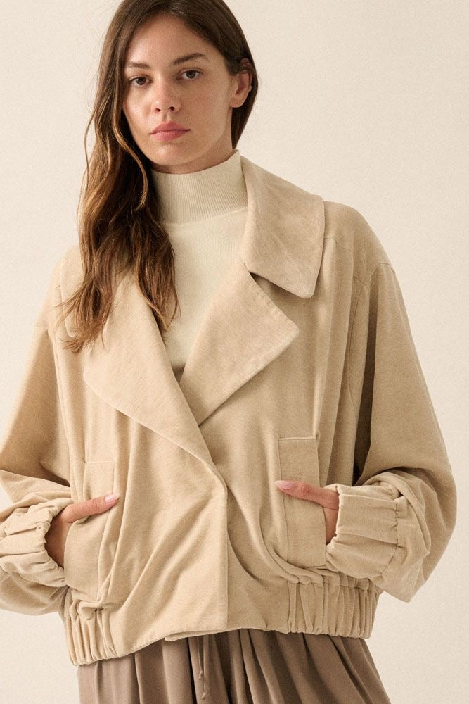 Oversized beige suede bomber jacket