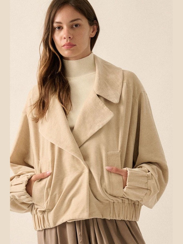 Oversized beige suede bomber jacket