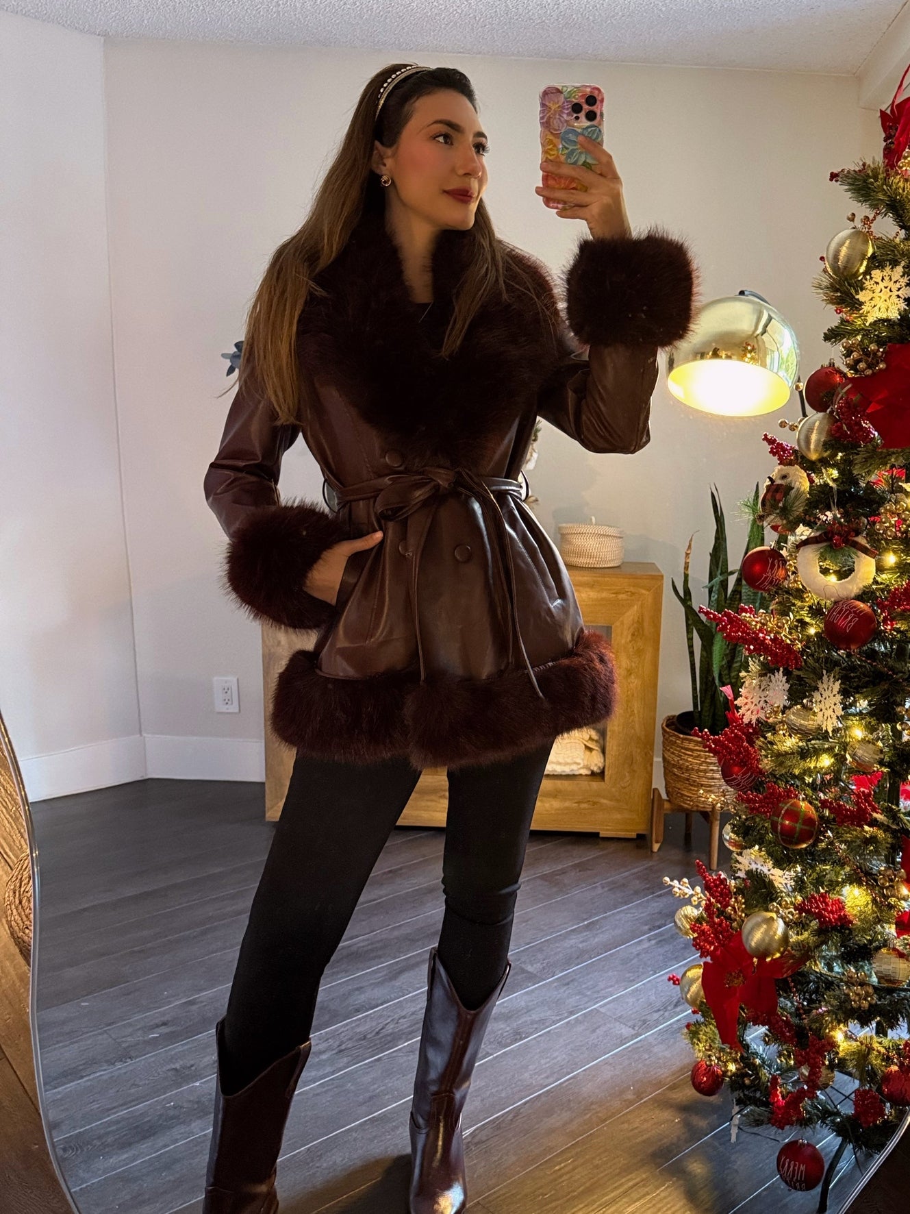 Wine Pu leather coat with puff details