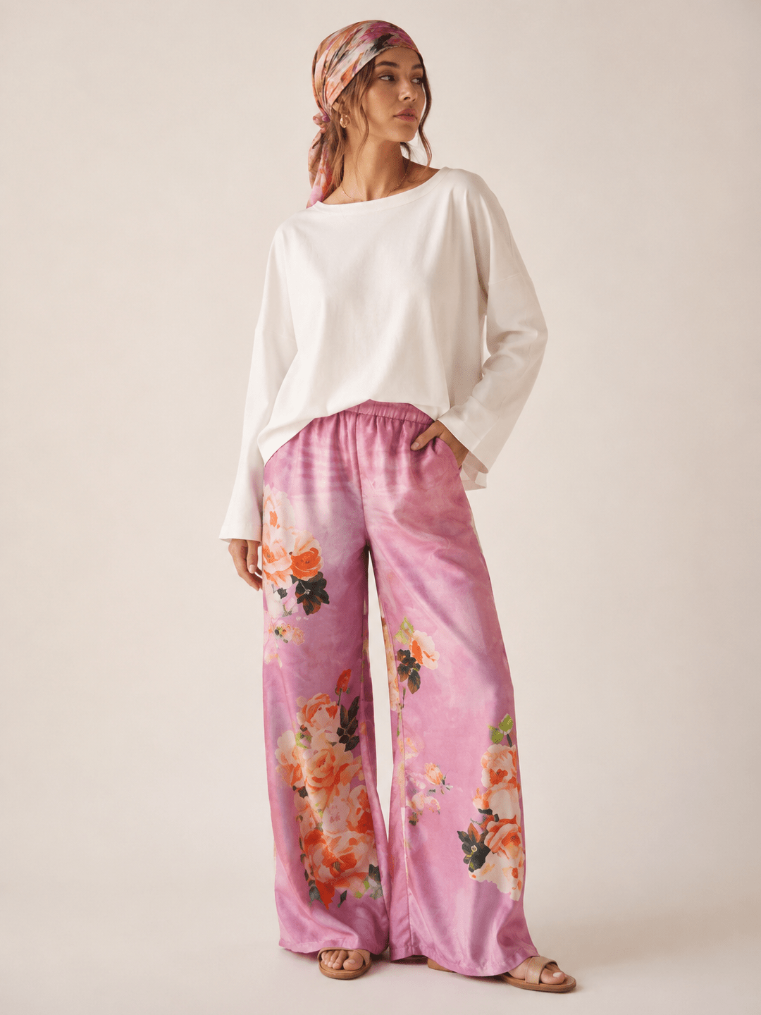 Denim-look Sublimation Printed Wide Leg Pants