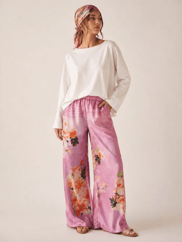 Denim-look Sublimation Printed Wide Leg Pants