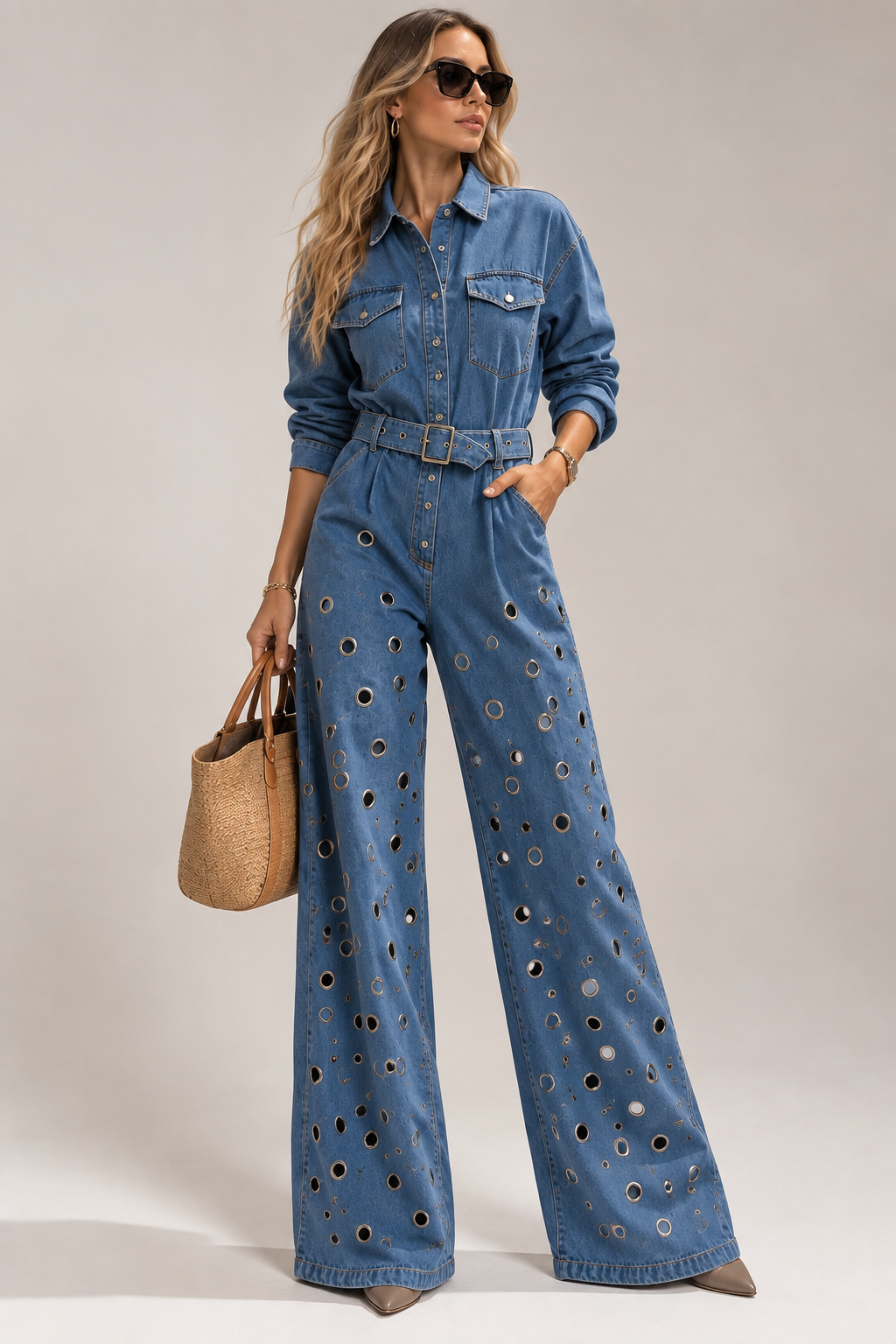 Metal Ring Denim Jumpsuit