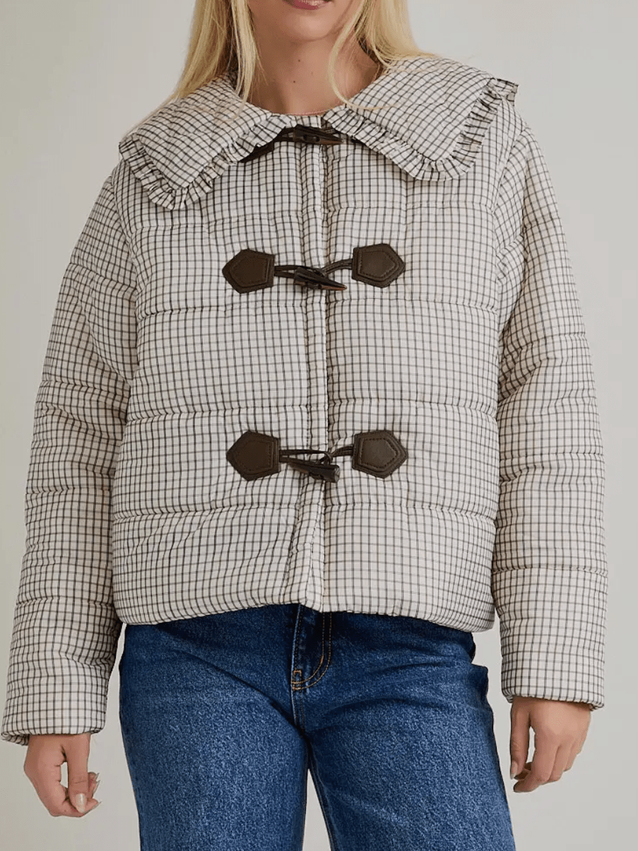 Plaid toggle puffer jacket