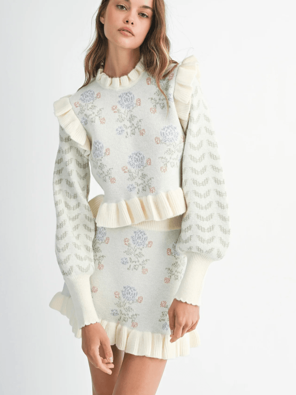 Floral ruffle knit set