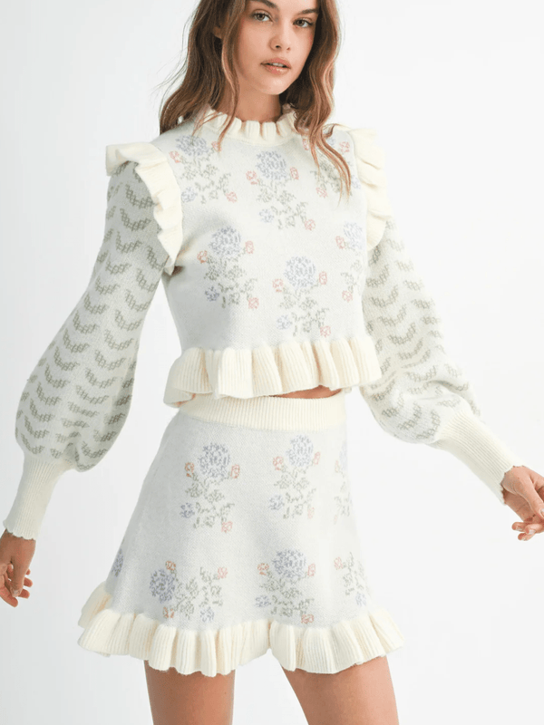 Floral ruffle knit set