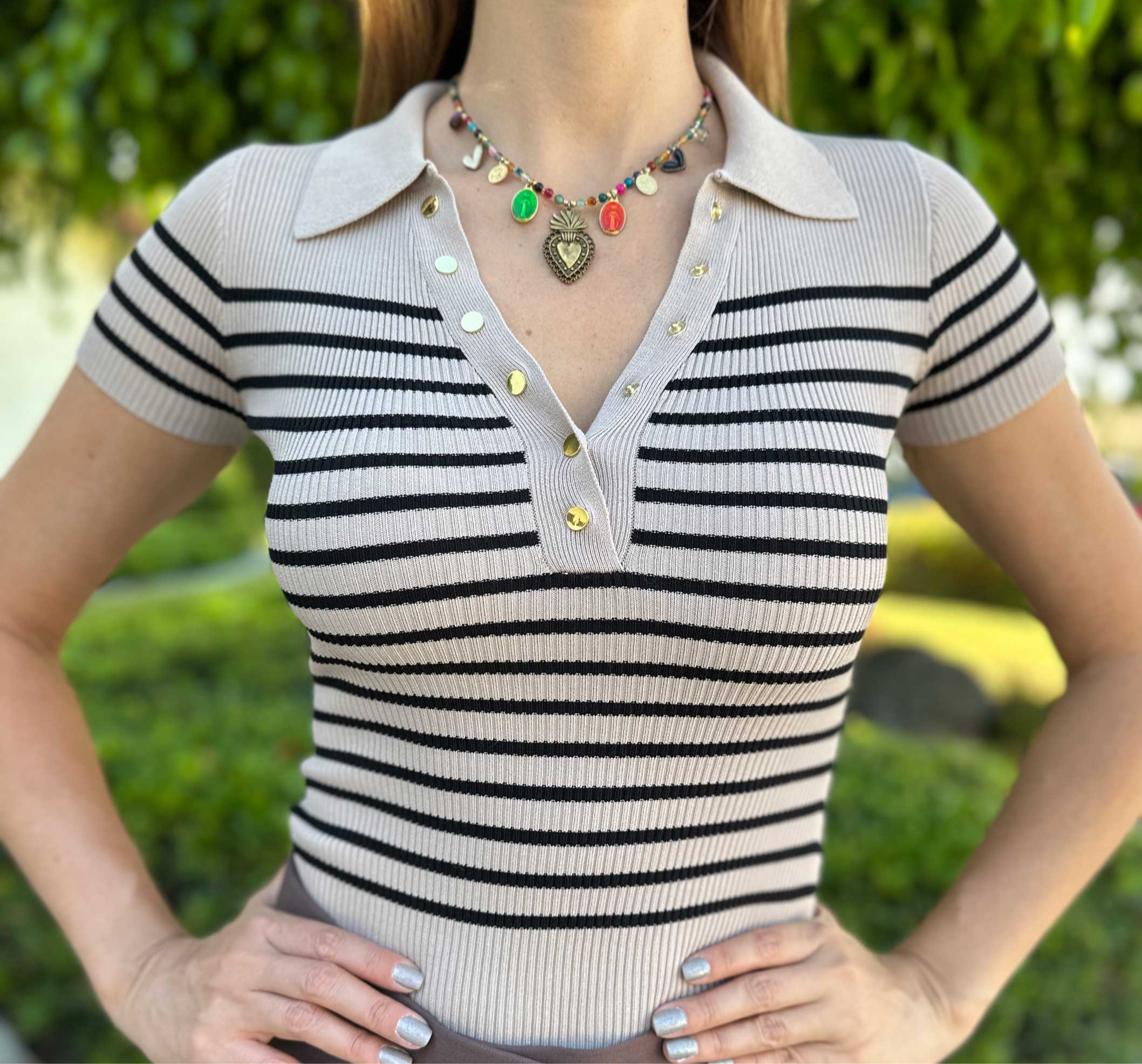 Stripe button- front knit top