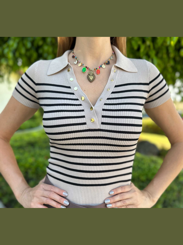 Stripe button- front knit top