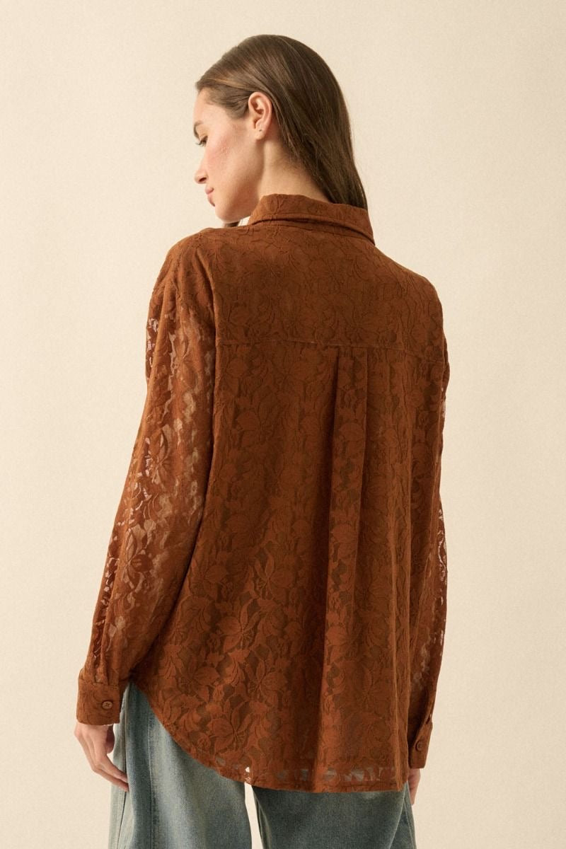 Brown lace loose blouse with pockets