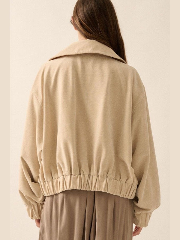 Oversized beige suede bomber jacket