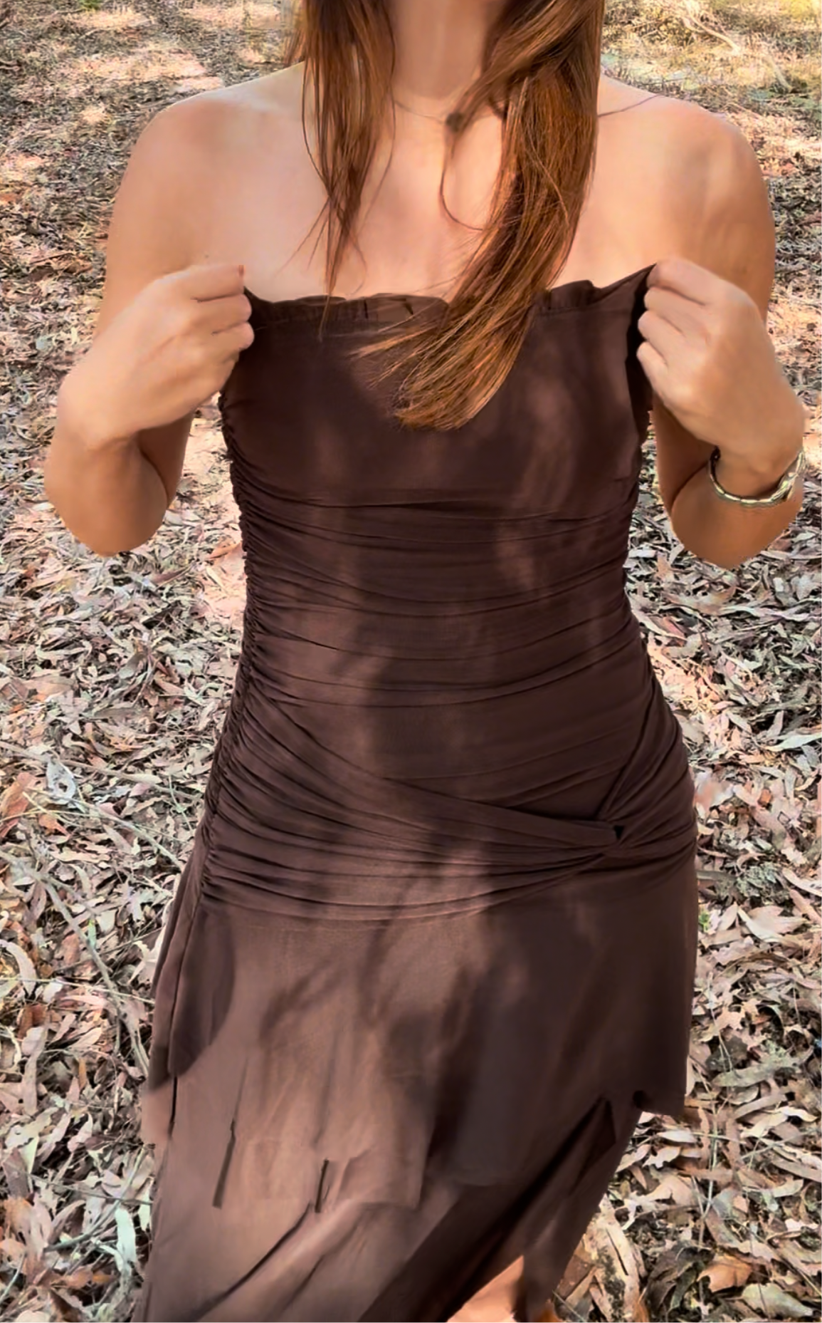 Knit mesh ruffle / Side knotted split chocolate dress