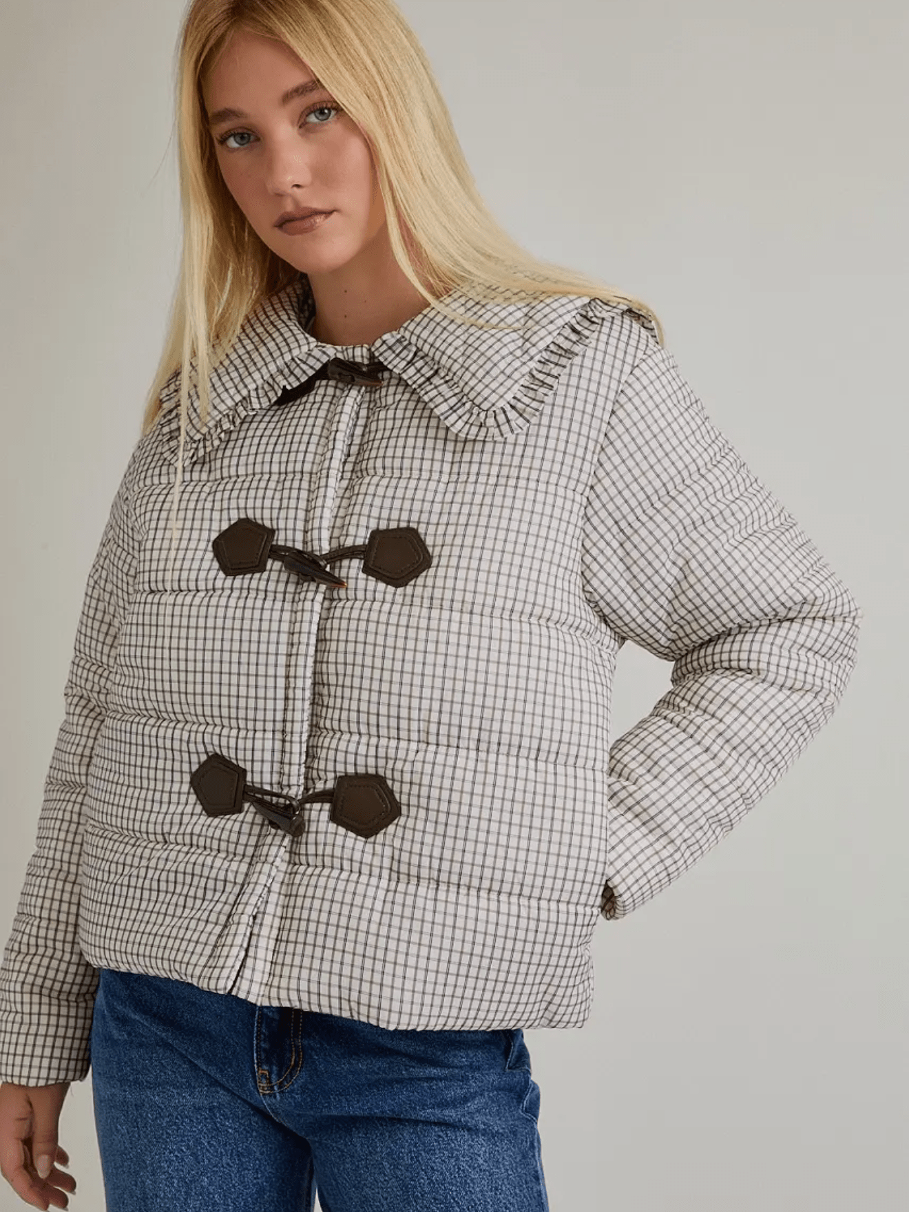 Plaid toggle puffer jacket