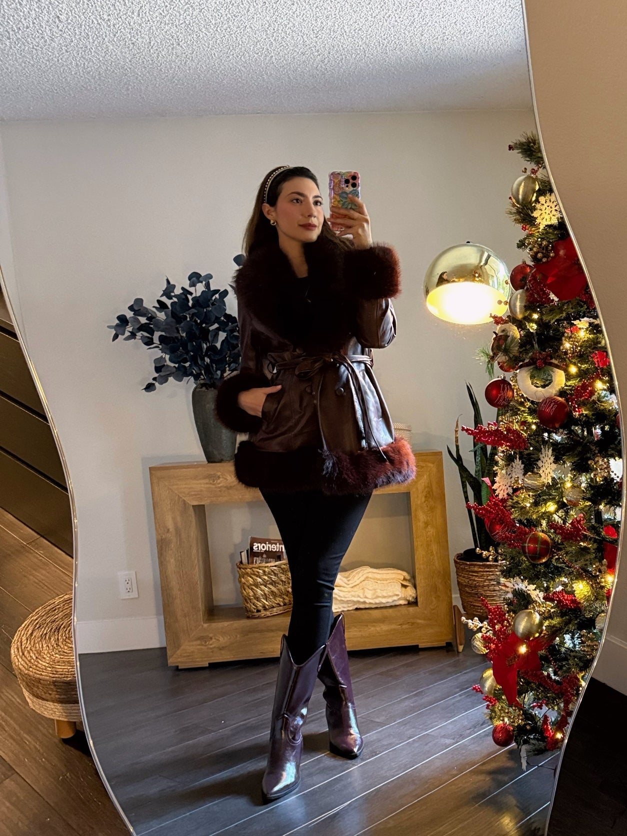 Wine Pu leather coat with puff details