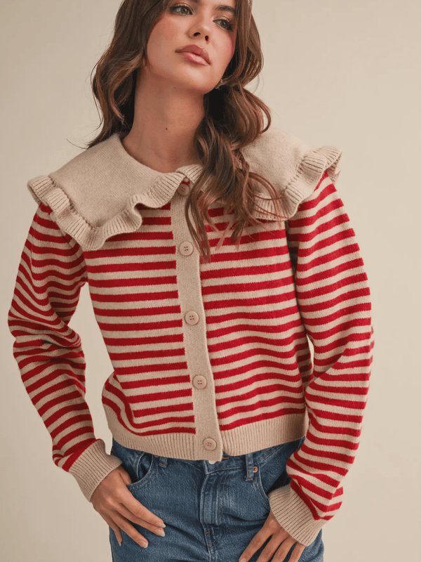 Striped Cardigan with ruffled collar