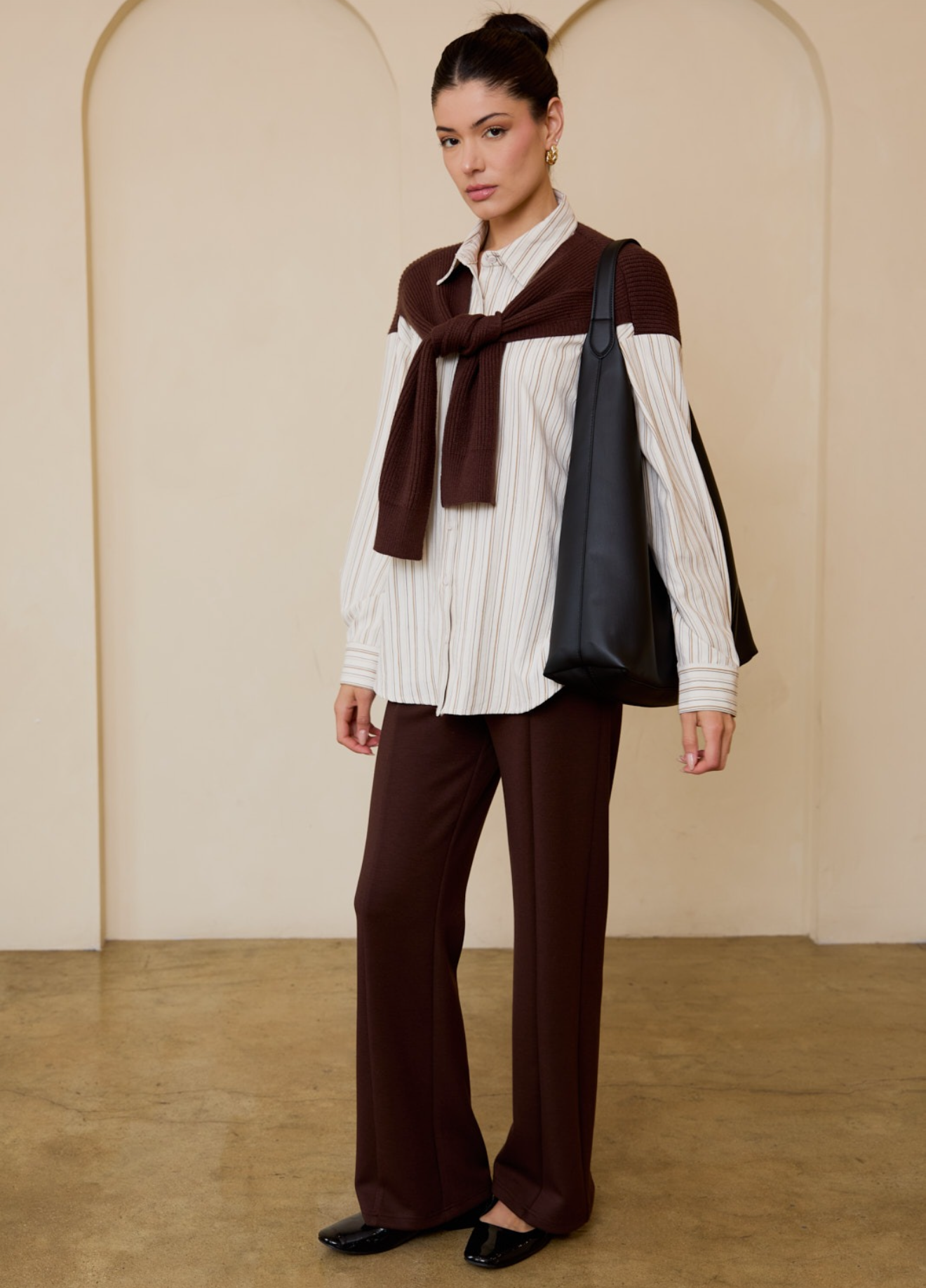 Oversized striped shirt with brown scarf