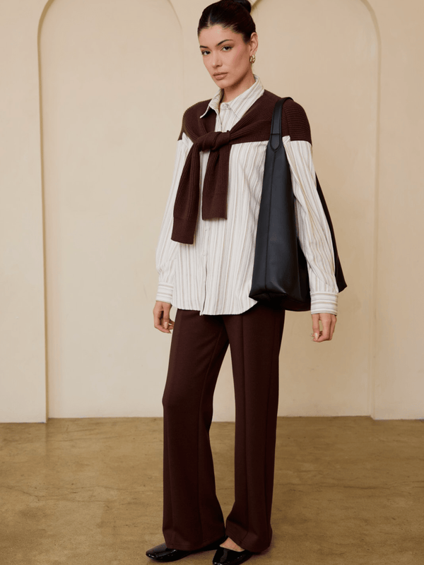 Oversized striped shirt with brown scarf