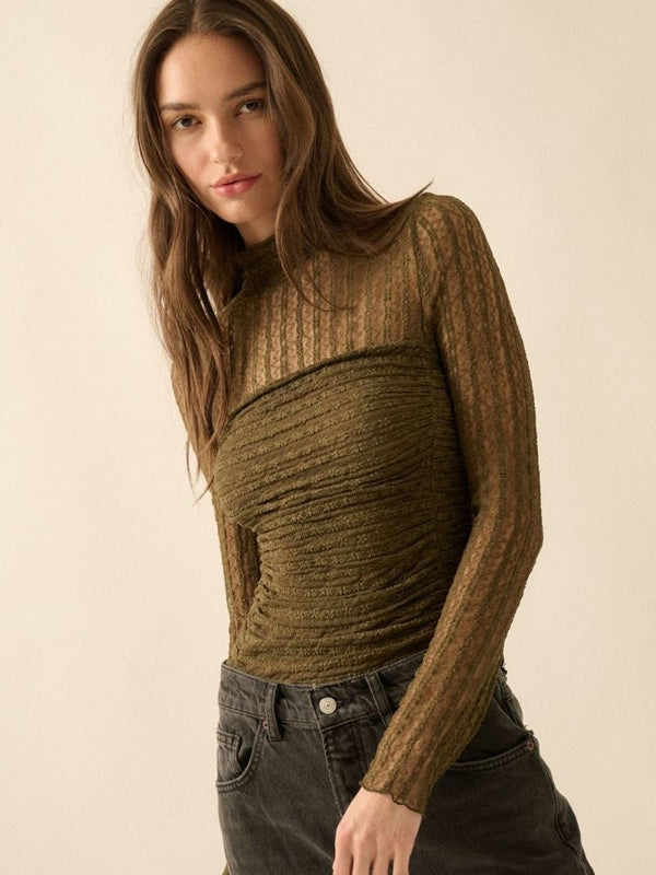 Turtle neck olive mesh bodysuit