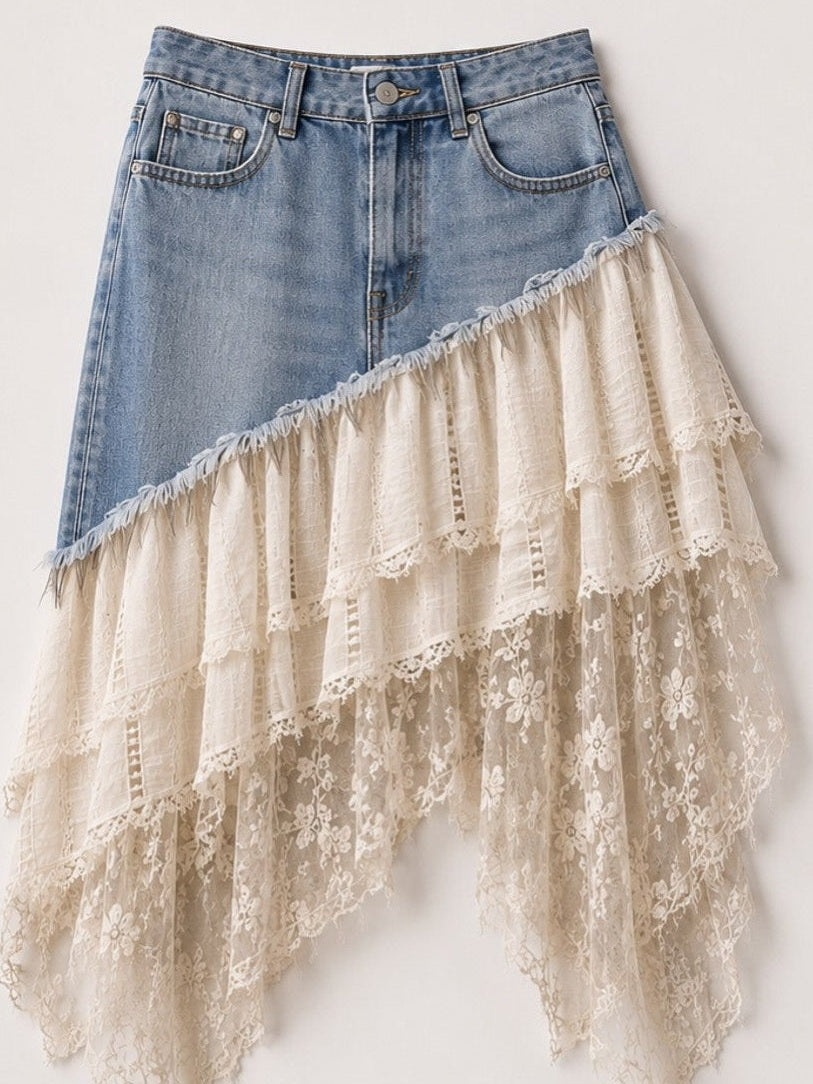 Denim Cascade Lace Skirt