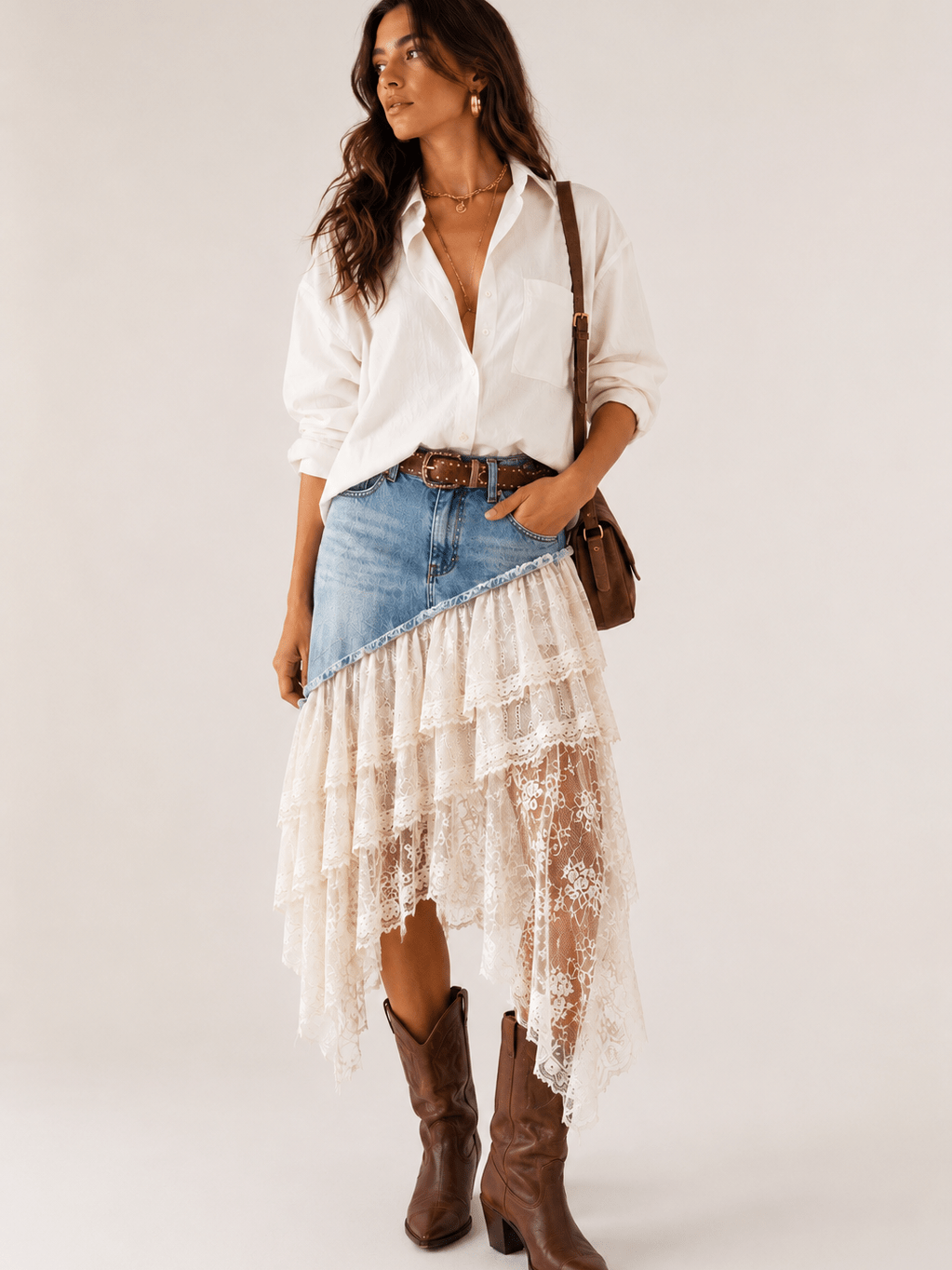 Denim Cascade Lace Skirt