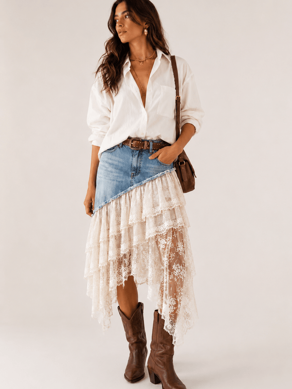 Denim Cascade Lace Skirt