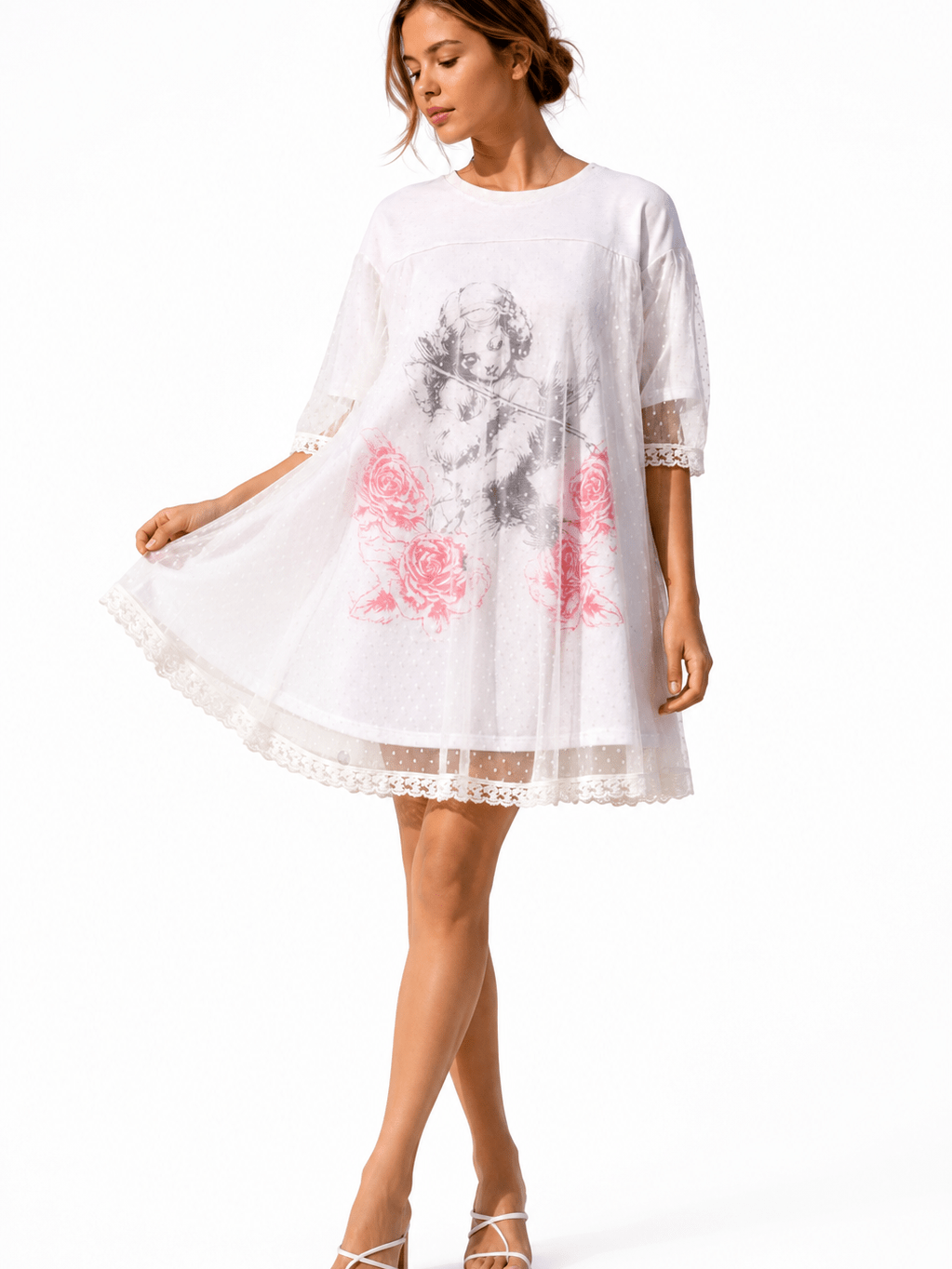 ANGEL PRINTED TERRY DOTTED MESH LAYERED DRESS