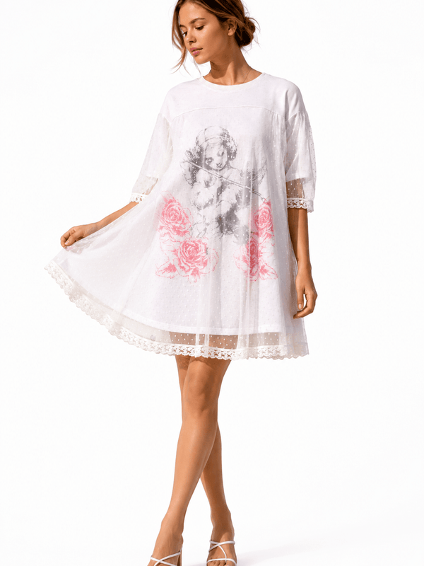 ANGEL PRINTED TERRY DOTTED MESH LAYERED DRESS