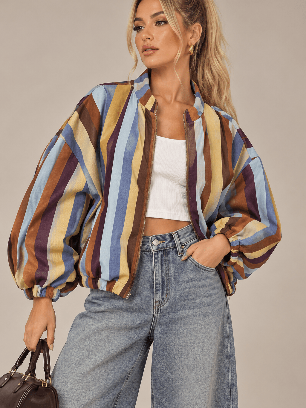 Striped bomber jean jacket