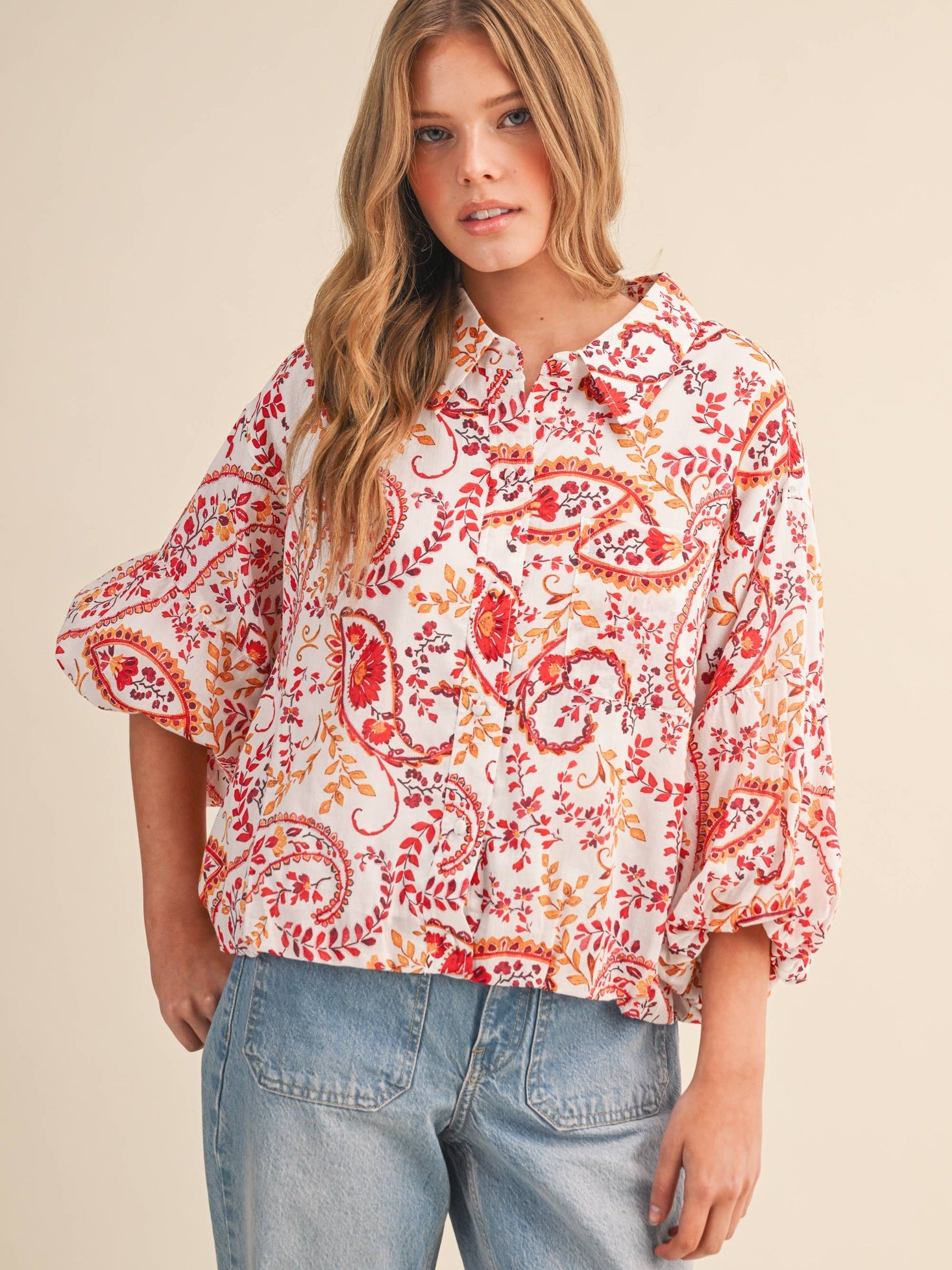 EXCLUSIVE PAISLEY PRINT BUTTON DOWN BUBBLE TOP