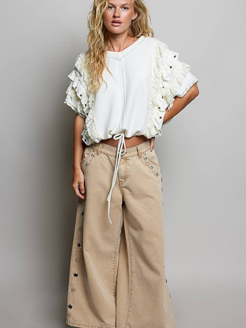 PRE ORDER SHIPS 05.03.26 Textured Knit Ruffle Sleeve Lace Stud Cropped Short Top