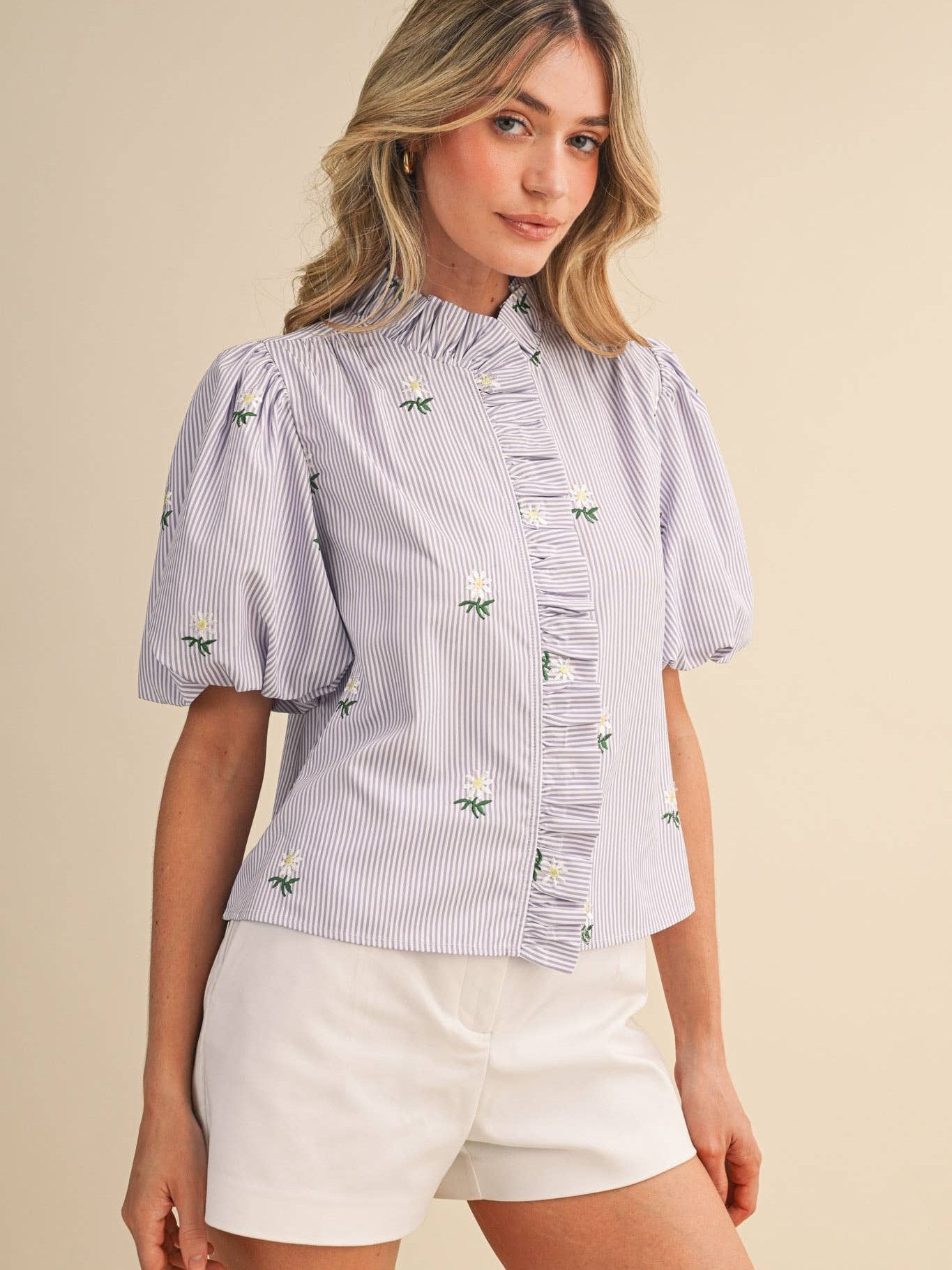 FLORAL EMBROIDERY STRIPED RUFFLED BUTTON DOWN TOP