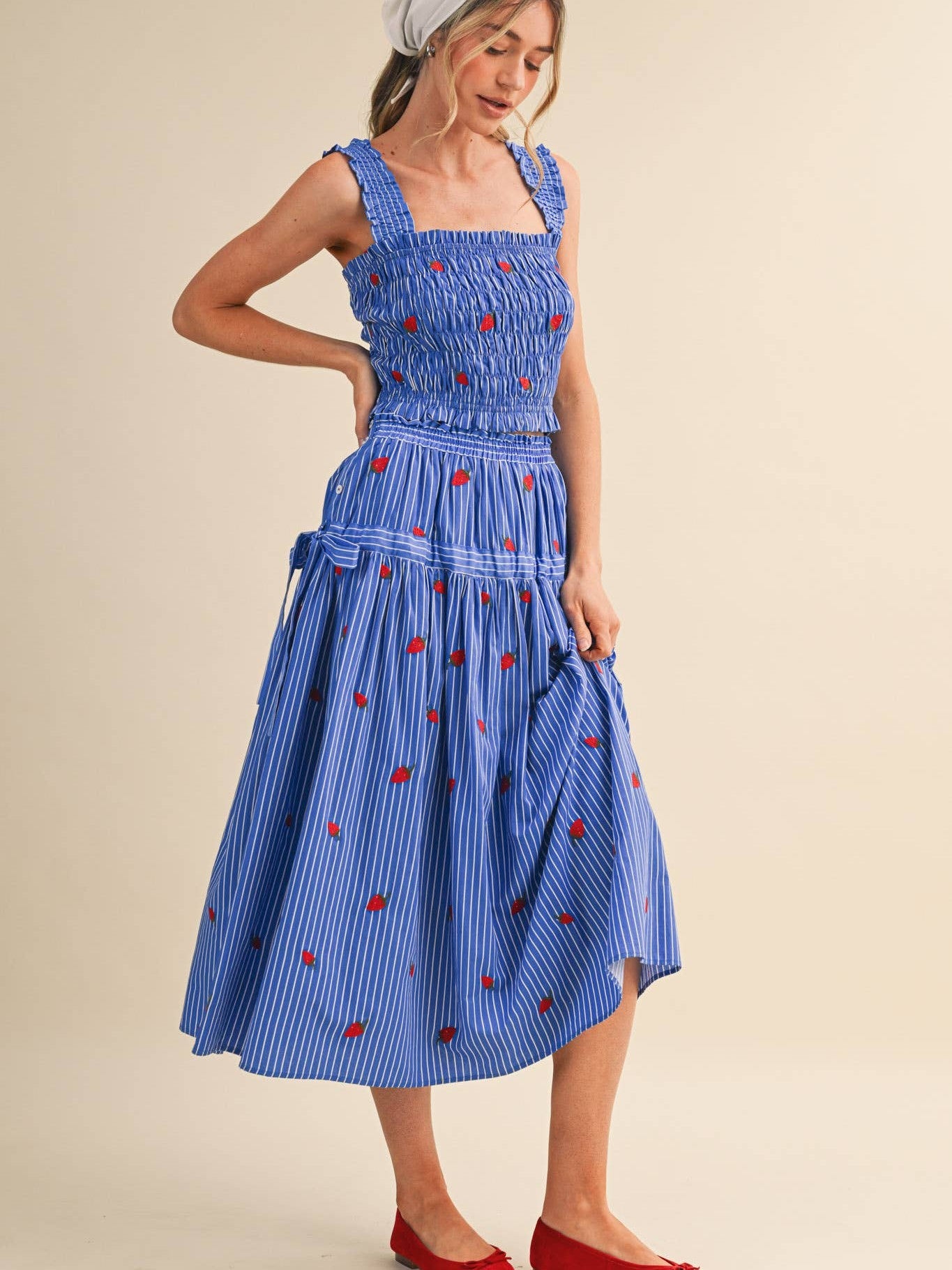 STRAWBERRY EMBROIDERY SMOCK TOP AND MIDI SKIRT SET